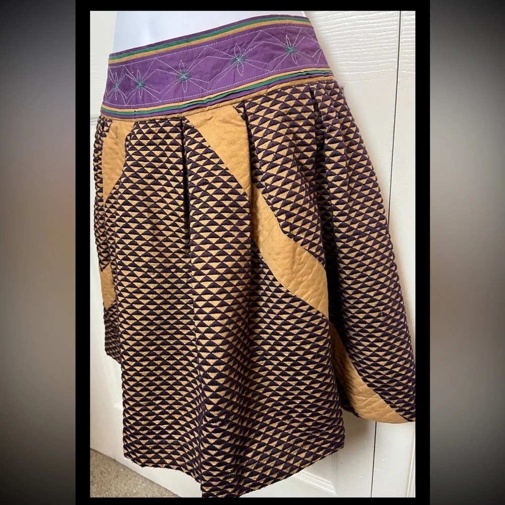 PANKAJ & NIDHI Anthropologie Mini Skirt Full Jaccard Purple Brown Quilted Boho